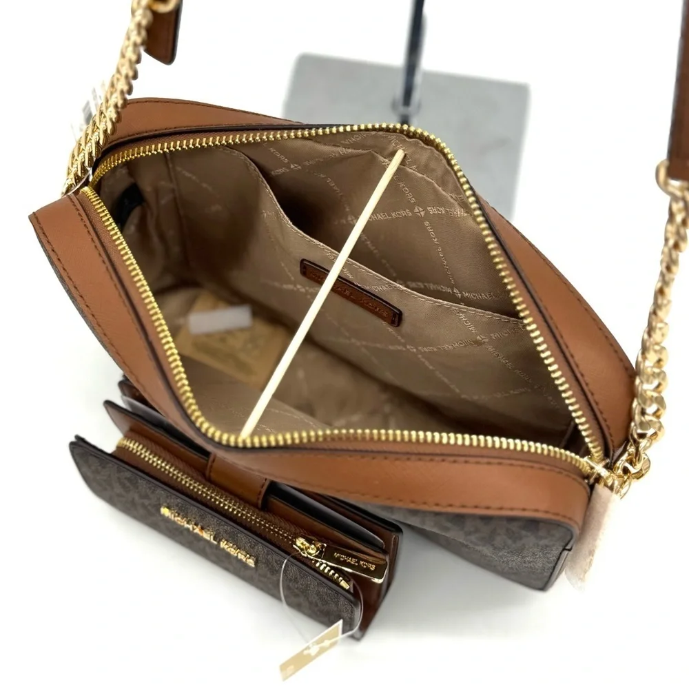 Michael Kors LG EW Crossbody Bag & Zip Chain Bifold Wallet Matching Set Brown